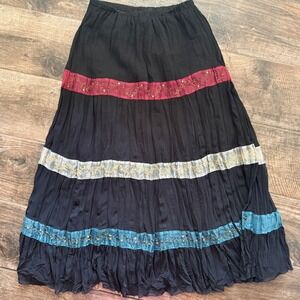 She's Cool Vintage Beaded Sequin Tiered Broomstick Maxi Skirt, Black, S